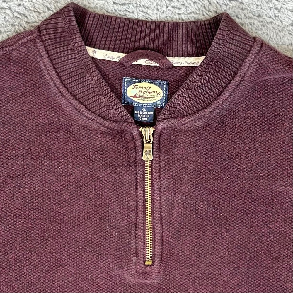 Tommy Bahama Mens XL Burgundy Cotton Pique Quarter Zip Pullover Sweater Maroon
